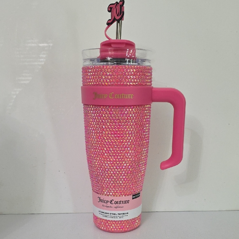 Juicy Couture Hot Pink Crystal Rhinestone Travel Tumbler with Handle, NWT